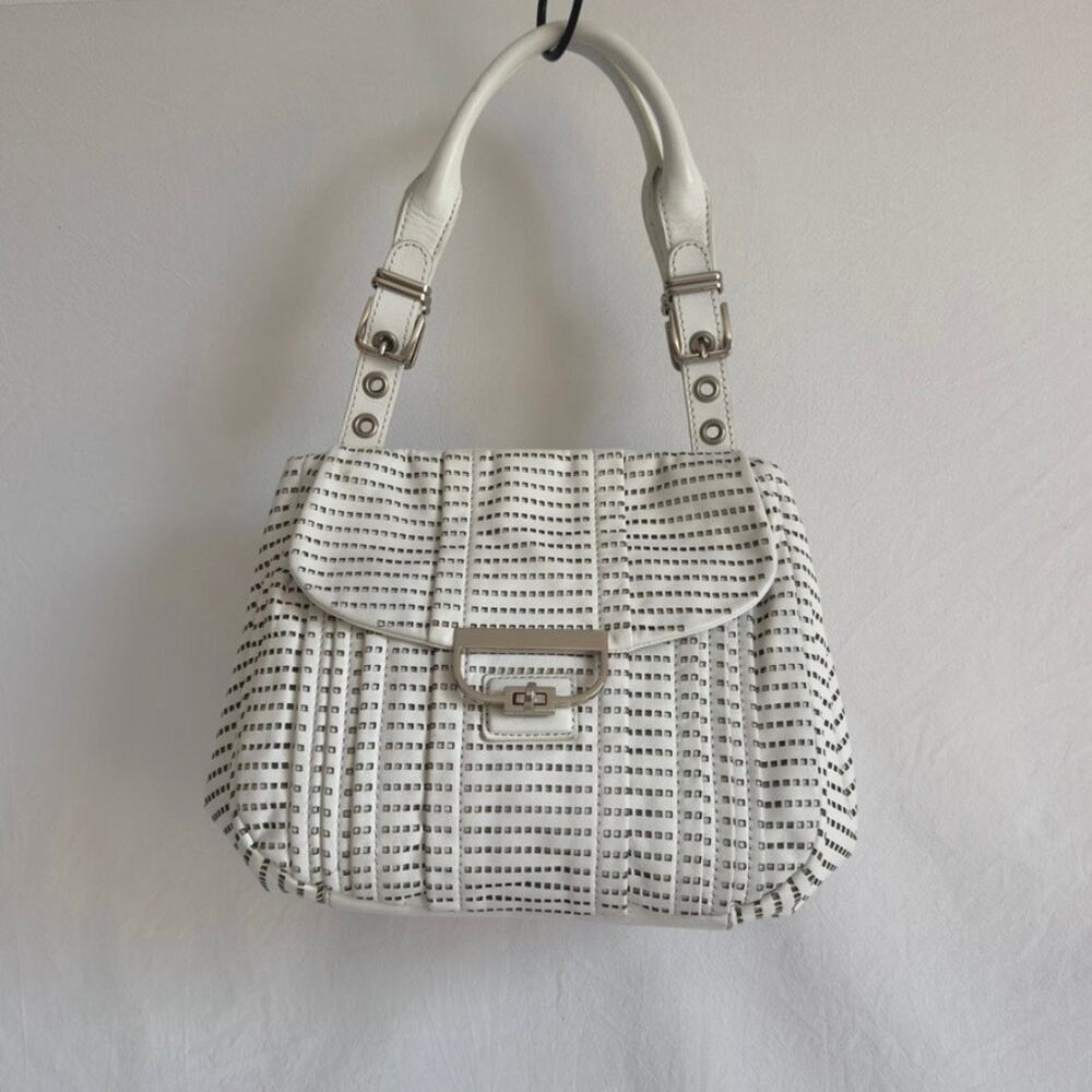 LOCKHEART White Leather Cutout Patterned Shoulder Bag Purse